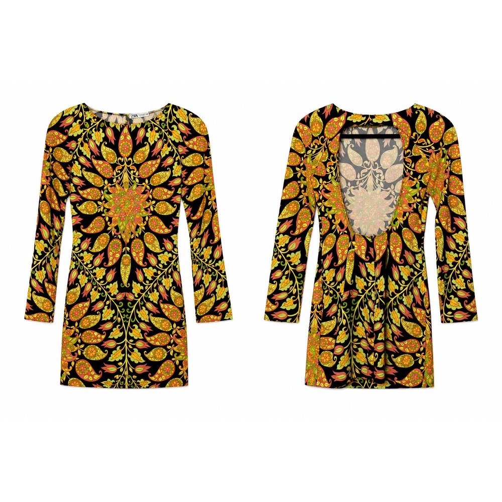 Zara Retro Paisley Open Back Mini Dress NWT Size XS 70s Boho Western‎